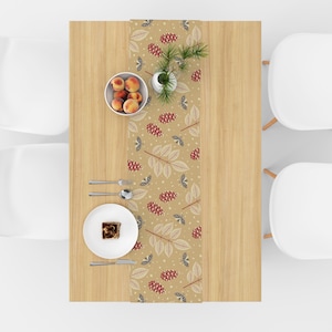 Fall Botanical Woodland Table Runner in Earth Tones with Leaves & Pine Cones, Boho Fall Table Runners, Autumn Table Decor, 2 Sizes Available