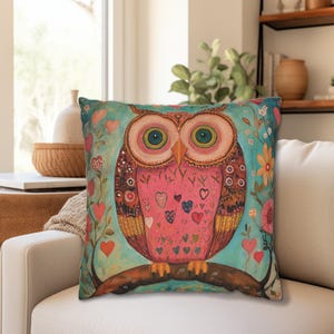 Sierkussen roze uil volkskunst Valentijnsdag turkoois, Valentijnsdag uil kussen, pastel uil kussen, boho uil decor sierkussen
