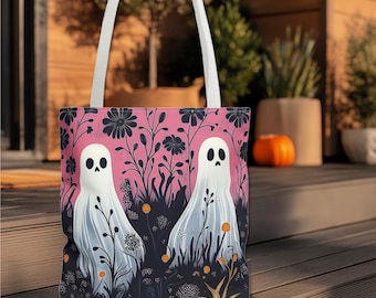 Pink Halloween Ghost Tote Bag, Floral Pastel Design in 3 Sizes + 3 Handle Colors