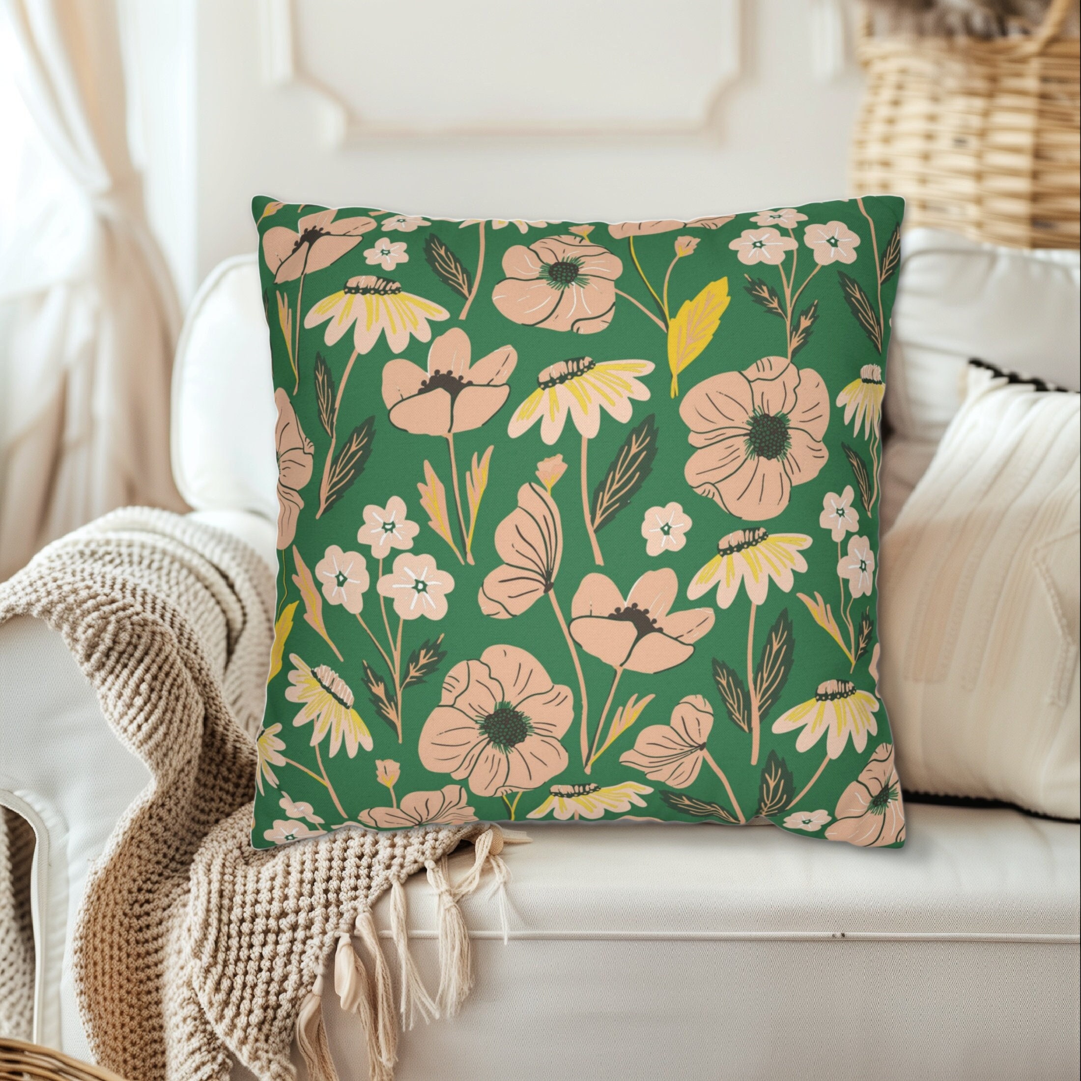 Bonhause Boho Floral Throw Pillow Covers 18 X 18 Inch Flowers Leaves