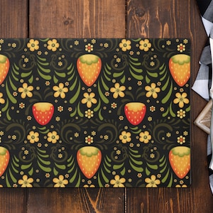 Strawberry Cutting Board, Kitchen Gift, Botanical Kitchen Decor, Charcuterie Board, Unique Kitchen, Tempered Glass Cutting Board, 2 Sizes