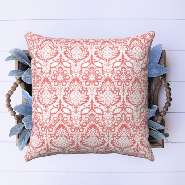 CORAL DAMASK PILLOW Cover, Coral Room Decor, Vintage Pattern, Damask Pillows, Coral Damask, Pink Decor, Pineapple Pattern, Multiple Sizes