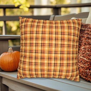 Gold Orange Brown Madras Plaid Fall Autumn Throw Pillow, Fall Plaid Home Decor, Orange Plaid Throw Pillow, Outdoor Autumn Plaid Pillows