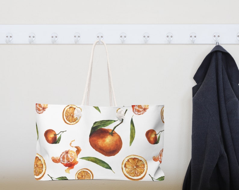 MANDARIN ORANGE PATTERN Weekender Bag Tote Bag Botanical Accessories Rope Handles Wide Mouth Citrus Pattern Oversized Beach Bag