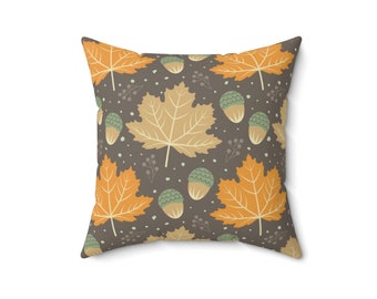 Funda de almohada con hojas de arce otoñales y bellotas, decoración botánica bohemia para el hogar.