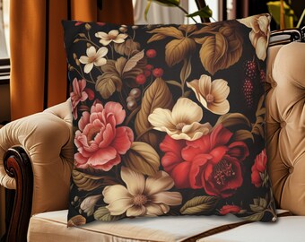 Black Gothic Floral Throw Pillow, Black Romantic Floral Decor, Indoor Outdoor Pillows, Waterproof Throw Pillows, Black Boho Floral Decor