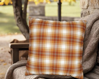 Fall Plaid Light Orange & Amber Tartan Pattern Square Decorative Throw Pillow, Autumn Accent Pillow Covers, Orange Plaid Porch Pillows