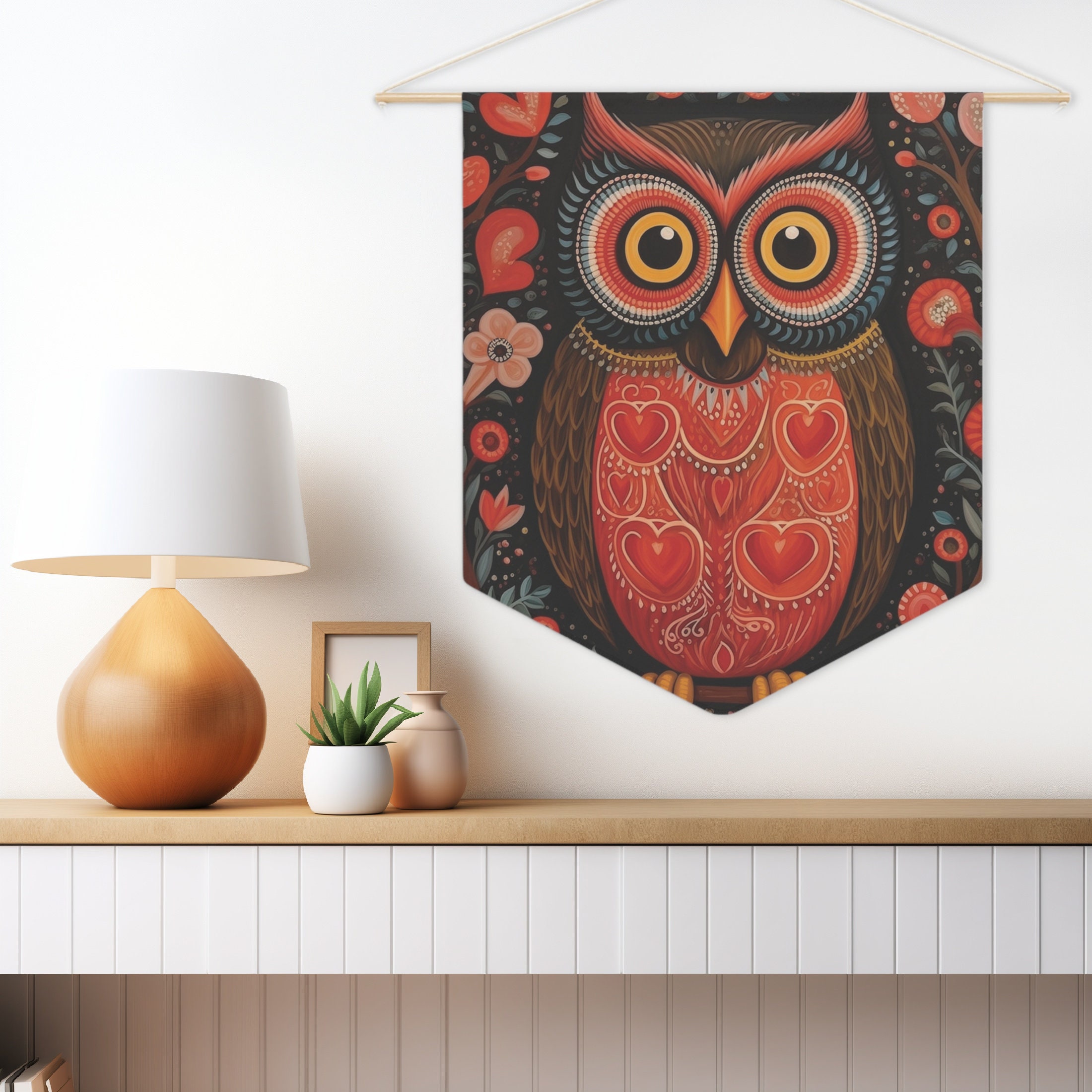 フクロウのフォークアートペナントフラッグ壁掛け - すぐに掛けられる