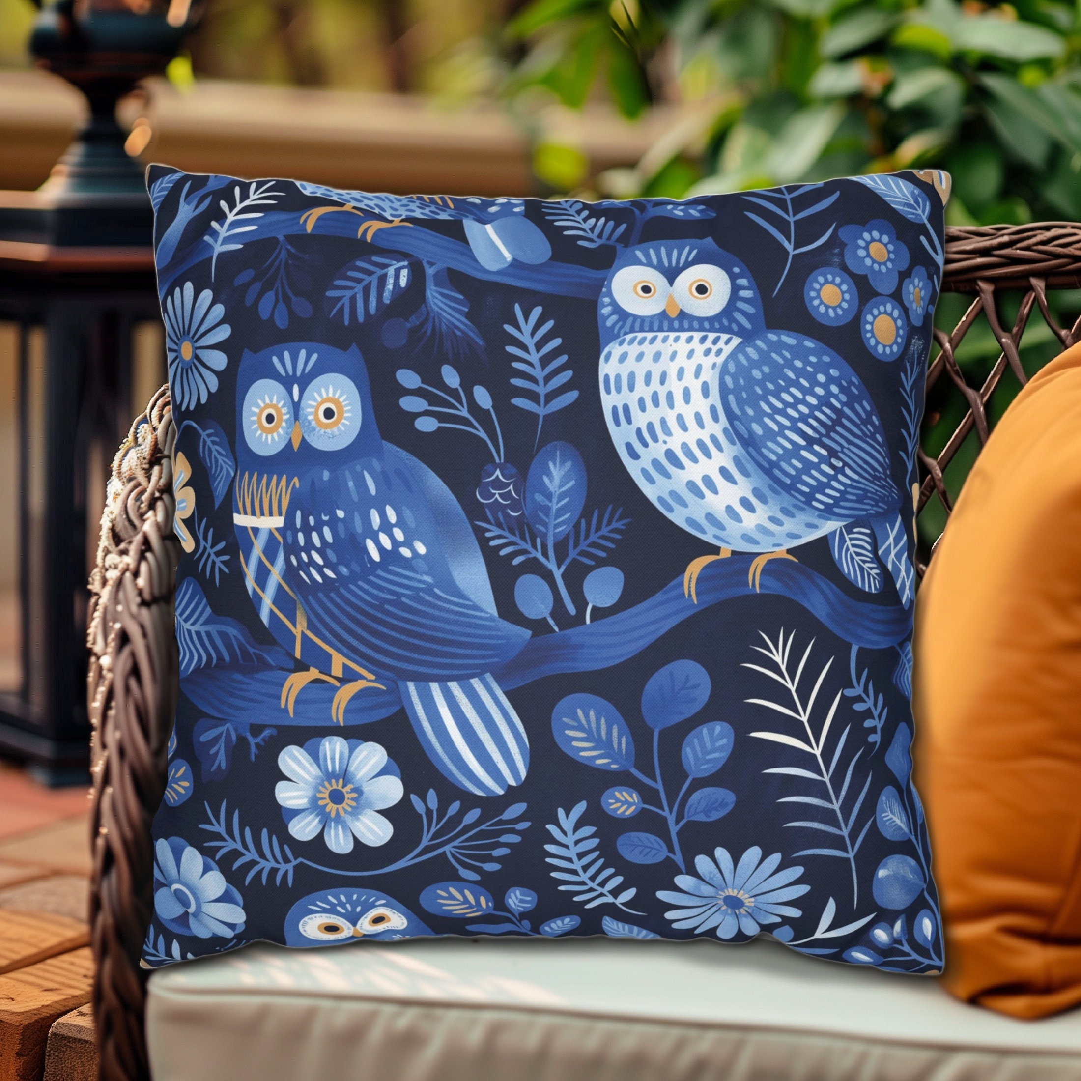 Owl Throw Pillow Navy Blue Folk Art Botanical Floral, Owl Home Decor, Bohemian Owl Throw Pillow, Out