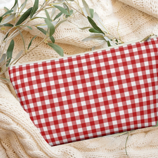 RED GINGHAM ACCESSORY Pouch, Cosmetic Bag, Pencil Pouch, Makeup Bag, Red Plaid, Small Zipper Bag, Travel Accessory Pouch, Art Pouch, 2 Sizes