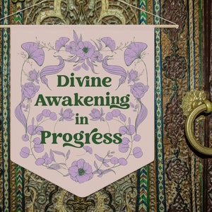 Meditation Sign Divine Awakening In Progress Inspirational Motivational Wall Pennant for Bedroom Office Yoga Studio, Bohemian Wall Art