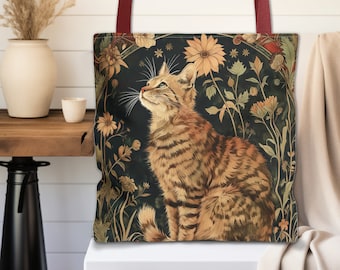 Tabby Cat Floral Tote Bag in 3 Sizes & 3 Handle Colors, Tabby Cat Lover Gift, Tabby Cat Accessories, Cat Bag Gift, Boho Country Cat Tote Bag