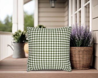 Green Gingham Plaid Throw Pillows + Covers, Indoor Outdoor Options