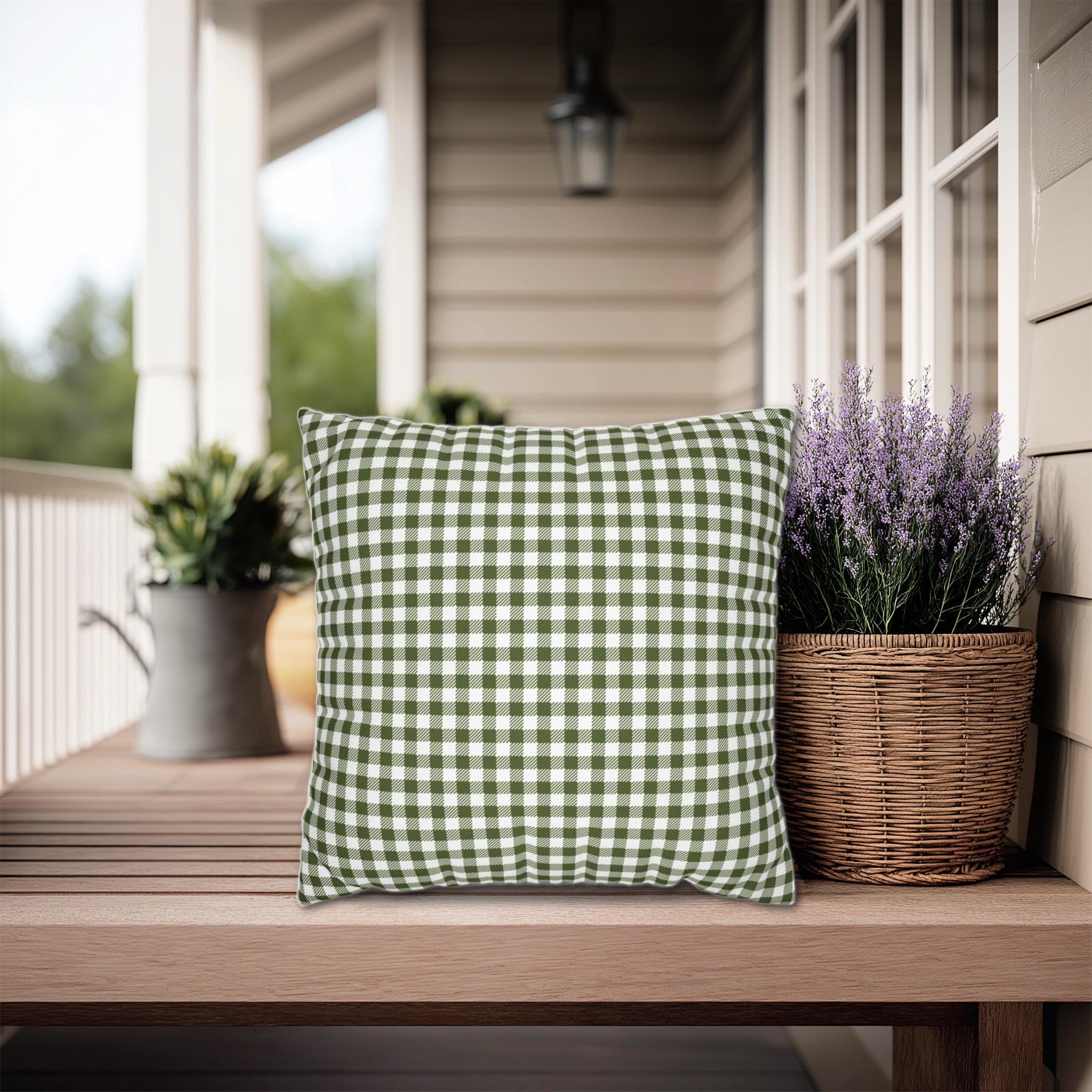 Grüne Gingham karierte Kissen + Bezüge, Indoor Outdoor Optionen