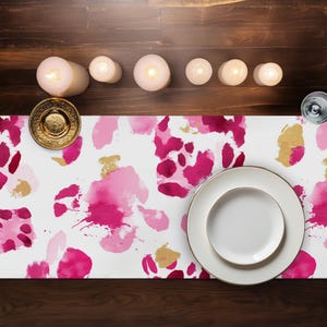 Hot Pink Raspberry Gold Abstract Splotches Leopard Print Style Table Runner, Dining Table Decor, Hot Pink Table Decor, Leopard Print Decor