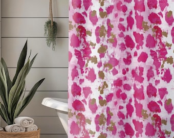 Pink Leopard Print Shower Curtain + Bath Mat – Gold Accents, Bathroom Decor