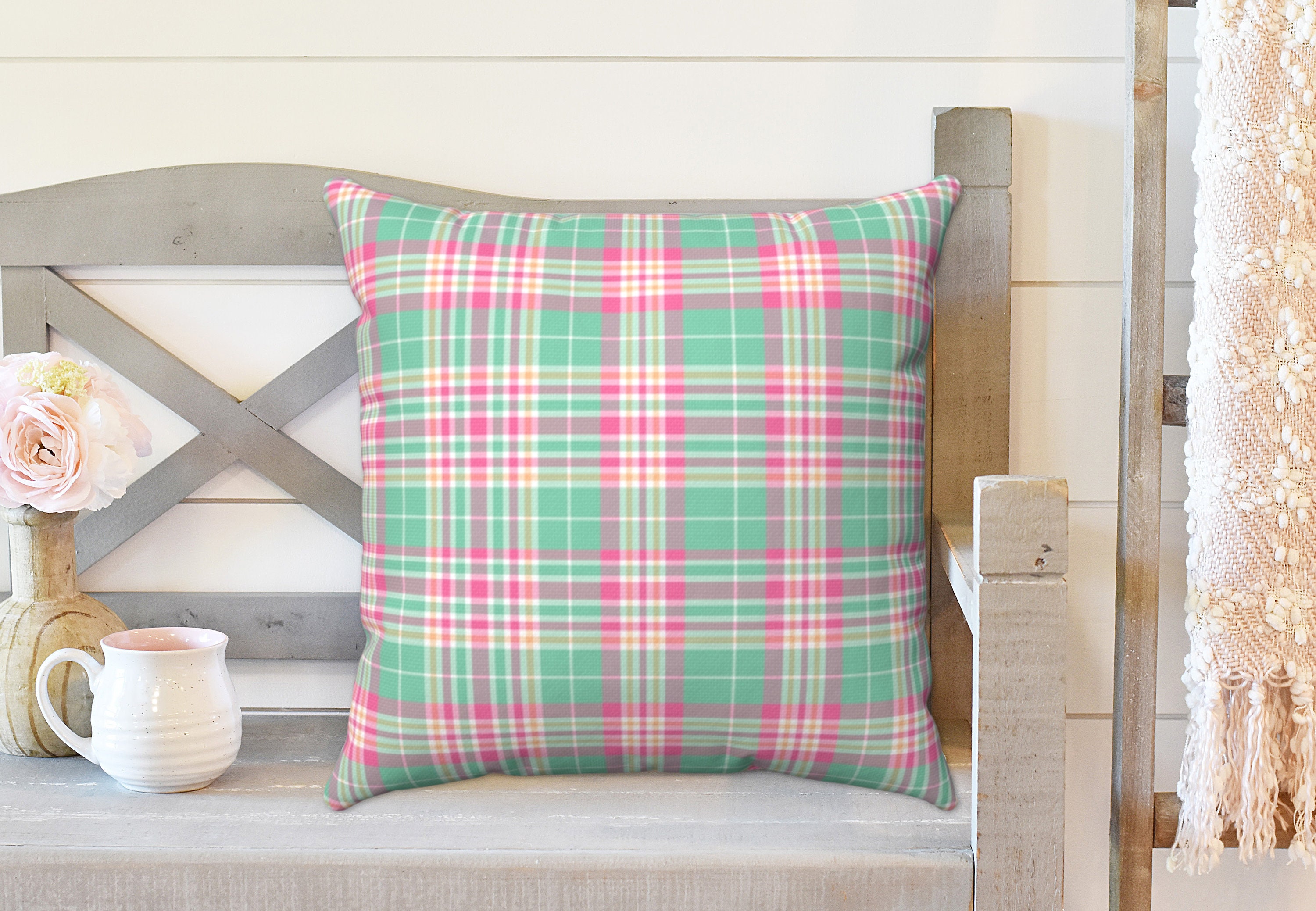 MADRAS PLAID Pillow Cover Turquoise and Pink Plaid Pillow Etsy