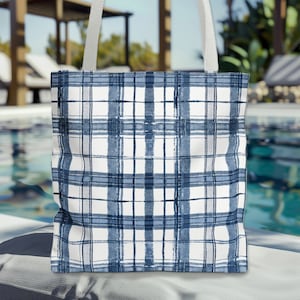 Karierte Tragetasche Blau & Weiß in 3 Größen mit 3 Griff-Farboptionen, Karierte Accessoires, Geschenk für sie, Einkaufstasche, Preppy Karierte Tragetasche, Sommertasche