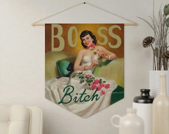 Banderín vintage de Boss Bitch para colgar en la pared – Decoración feminista, 45 x 53 cm
