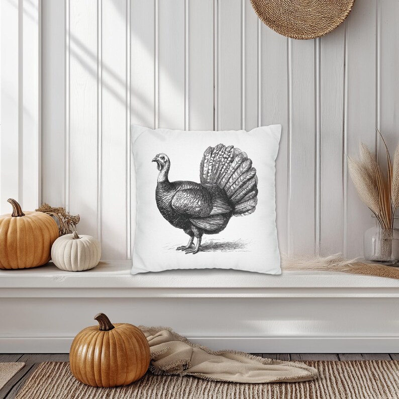 Cojines y fundas de pavo en blanco y negro, decoración de Acción de Gracias, para interiores y exteriores imagen 5