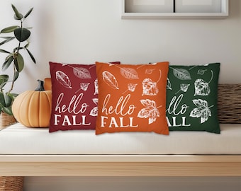 Hello Fall Leaves Throw Pillows - Autumn Decor in Orange Maroon Forest Green, Autumn Porch Pillows, Fall Home Goods, Autumn Throw Pillows