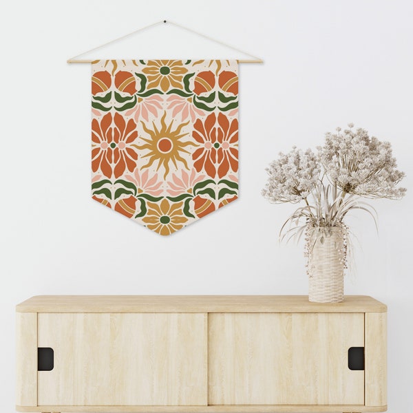 BOHEMIAN FLORAL & SUN Retro Pattern Wall Art - Ready-to-Hang Pennant Flag, Bohemian Wall Hangings, Boho Wall Decor, 1970s Style Decor