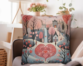 Winter Folk Art Valentine Pillow Cover Whimsical Woodland Village, Winter Pillow Covers, Folk Art Pillow Covers, 14x14, 16x16, 18x18, 20x20