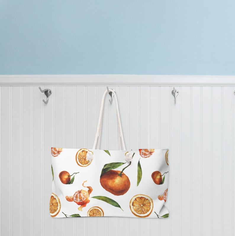 MANDARIN ORANGE PATTERN Weekender Bag Tote Bag Botanical Accessories Rope Handles Wide Mouth Citrus Pattern Oversized Beach Bag