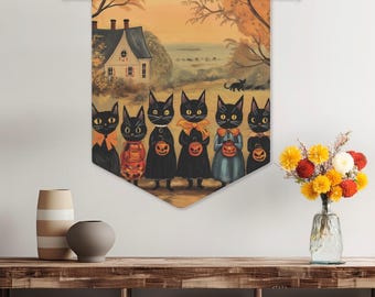 Bandeira de parede de Halloween com estilo retrô vintage e bandeirinhas de gatos pretos com cavilha de madeira, decorações de Halloween, decoração de parede de Halloween