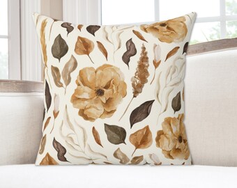 BROWN BOTANICAL PATTERN Boho Pillow Cover, Fall Floral Pillow Covers, Fall Accent Pillows, Brown Botanical Print Pillow Covers, Watercolor