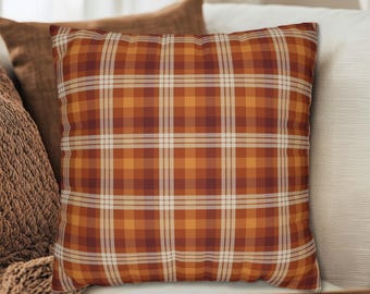 Fall Autumn Plaid Amber Orange Plum White Square Throw Pillow, Autumn Accent Pillows and Covers, Indoor Fall Plaid, Outdoor Fall Plaid