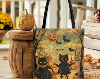 Custom Halloween Tote Black Cats Vintage Retro Style Bag Tote in