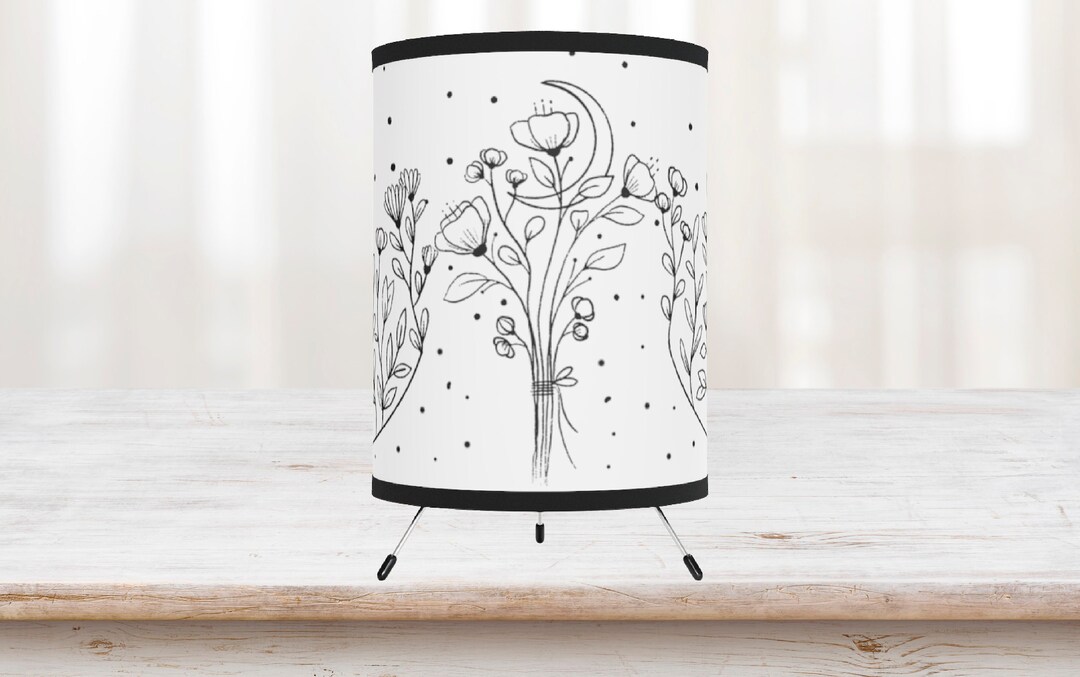 BOTANICAL PRINT LAMP, Boho Desk Lamp, Bedroom Lamp, Tripod Lamp, Moon