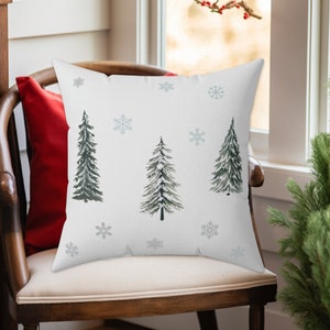 Cojín cuadrado con copos de nieve y pino de invierno, cojines de invierno, decoración de granja de invierno, cojines navideños campestres, decoración navideña de granja
