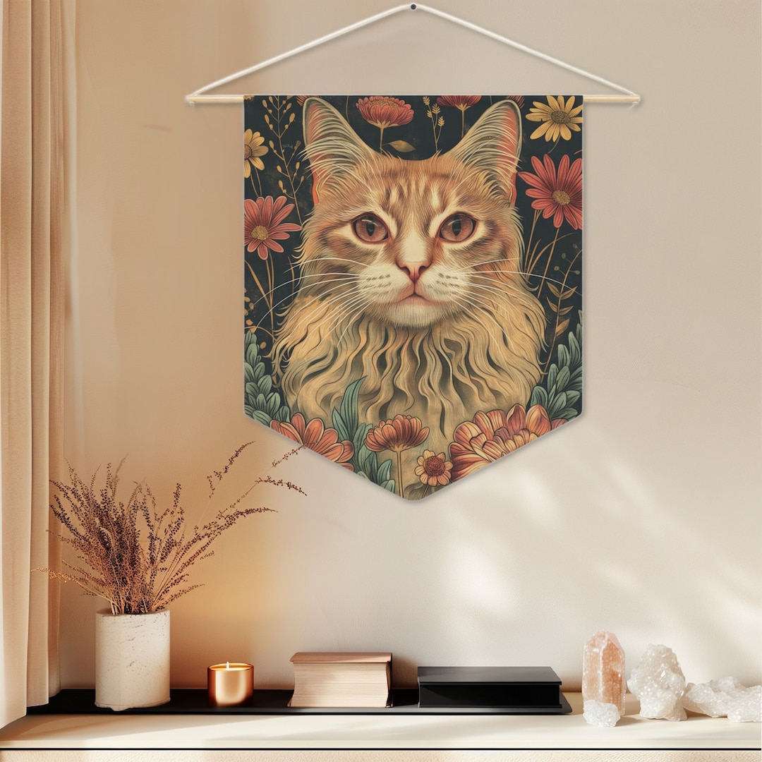 猫の壁掛けボヘミアンオレンジ猫ペナントフラッグ、猫の壁アート、猫の