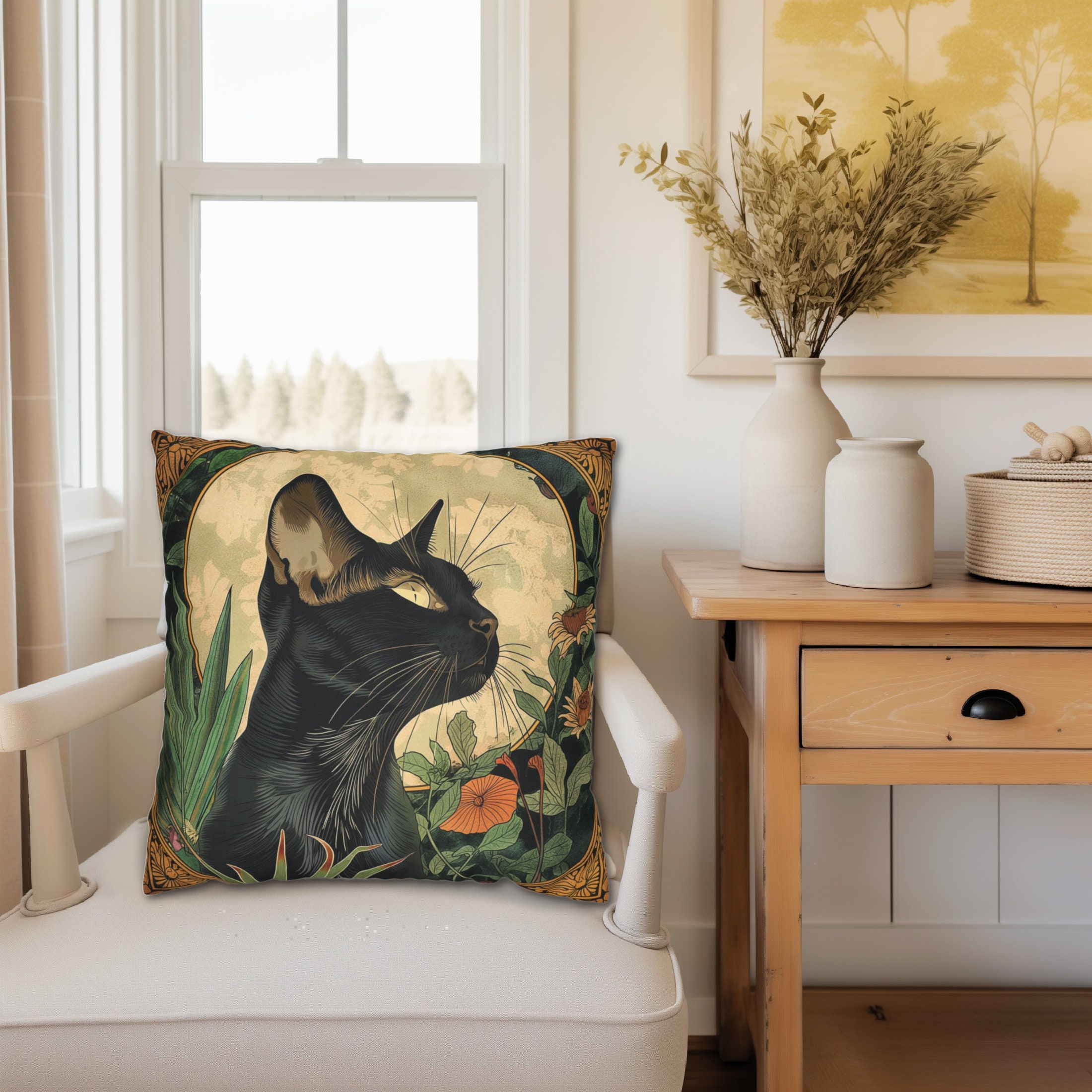 Black Cat & Moon Art Nouveau Style Throw Pillow, Black Cat Home Decor