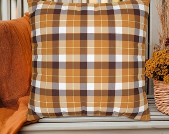 Almofada quadrada com estampa xadrez de outono, marrom, roxo, laranja e creme, capas de almofada com detalhes de outono, decoração xadrez de fazenda de outono
