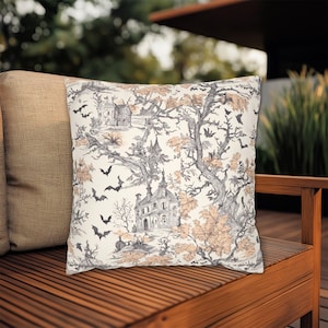 Halloween Bat & Castle Toile Pattern Throw Pillow, Halloween Decorations, Spooky Halloween Decor, Indoor Outdoor Halloween Pillows