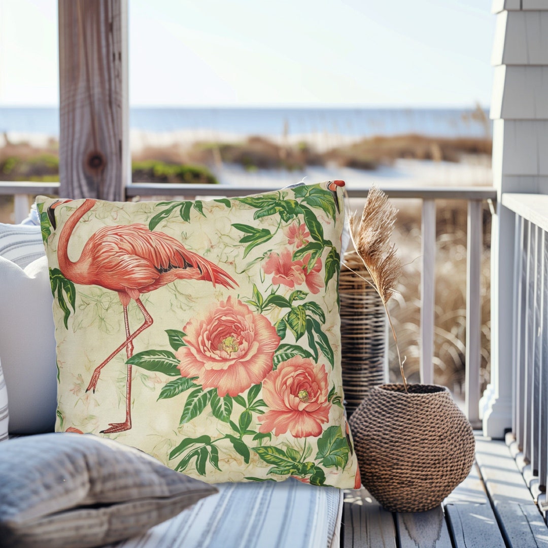 Flamingo Floral Pattern Green Pink Throw Pillow Tropical Pink Decor