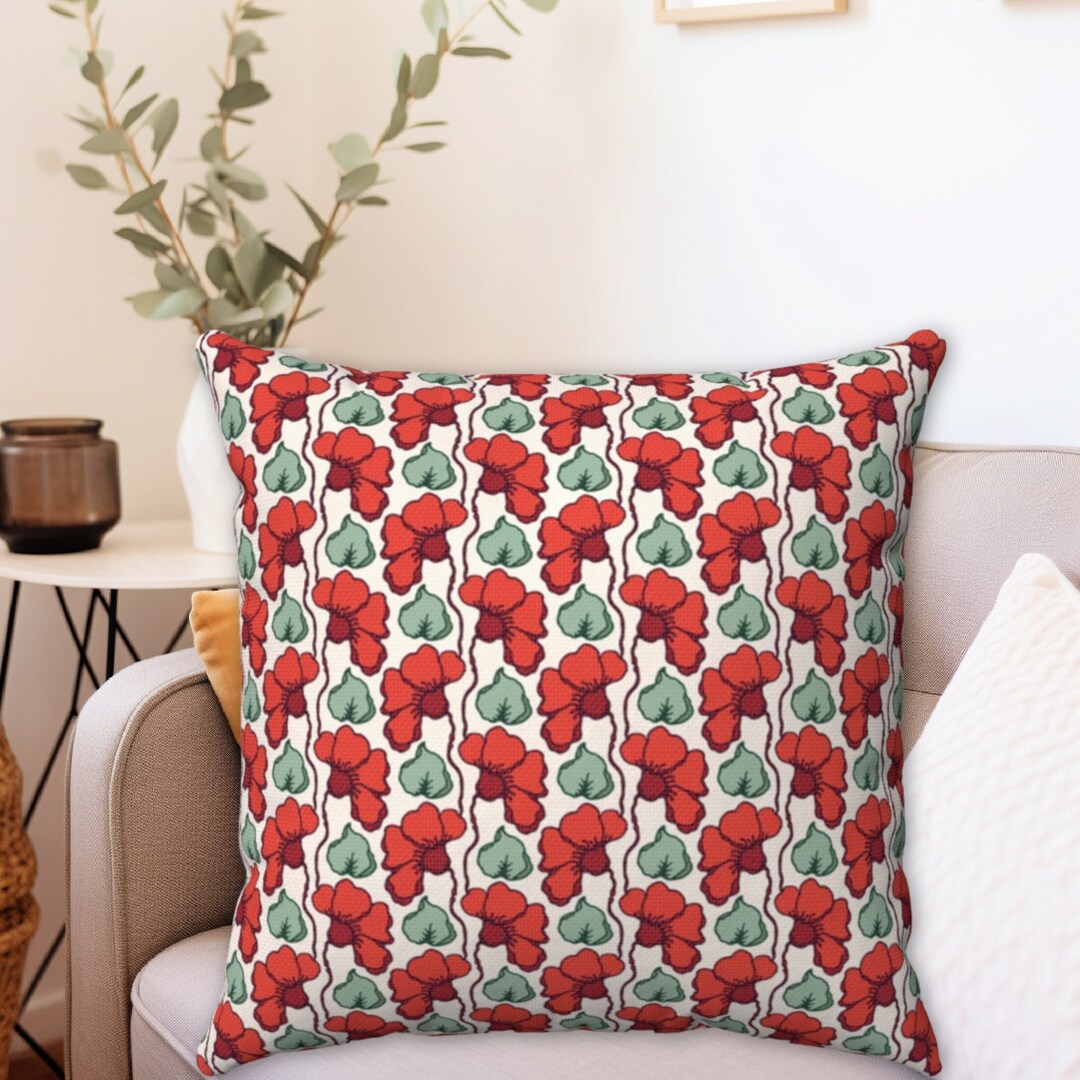 RED FLORAL THROW Pillow Cover With Sage Green Accents in 4 Etsy
