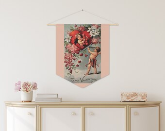 VALENTINES DAY WALL Hanging - Ready-to-Hang Pennant Flag Wall Art, Vintage Valentines Day Artwork, Vintage Valentine Cards, Valentine Decor