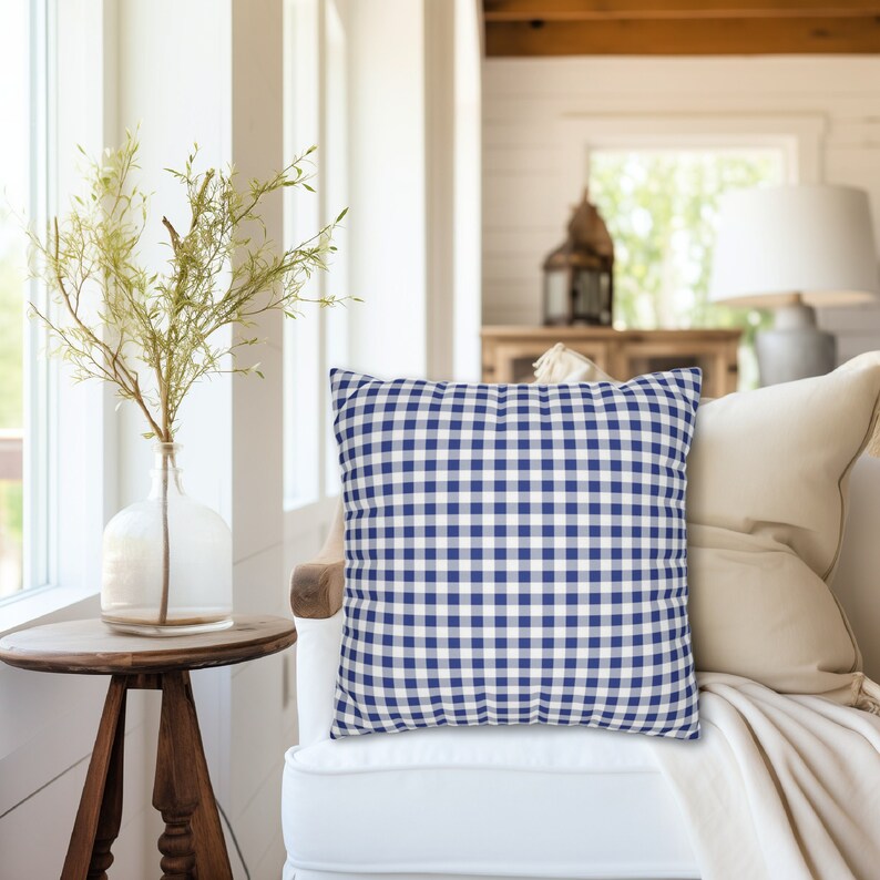 A classic blue & white gingham plaid pattern. Choose whether or not to have a pillow insert -our covers are printed upon order in the US & have waterproof options.