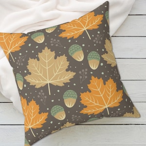 MAPLE LEAVES FALL Pattern Pillow Cover with Acorns in Brown Beige Orange, Autumn Home Decor Pillow Covers, Boho Fall Botanical Pillow Covers