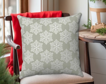 Winter Snowflake Pattern Throw Pillow - Light Sage Green Gray Background in Multiple Sizes & Options