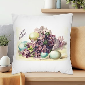 Cojín de Pascua con diseño retro vintage de huevos lilas, saludos de Pascua, decoraciones de Pascua, bonita decoración de Pascua, cojín de Pascua en tonos pastel
