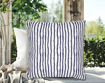 Dark Indigo Blue & White Vertical Wavy Distressed Striped Throw Pillow, Coastal Throw Pillows, Neutral Home Decor, Striped Home Decor