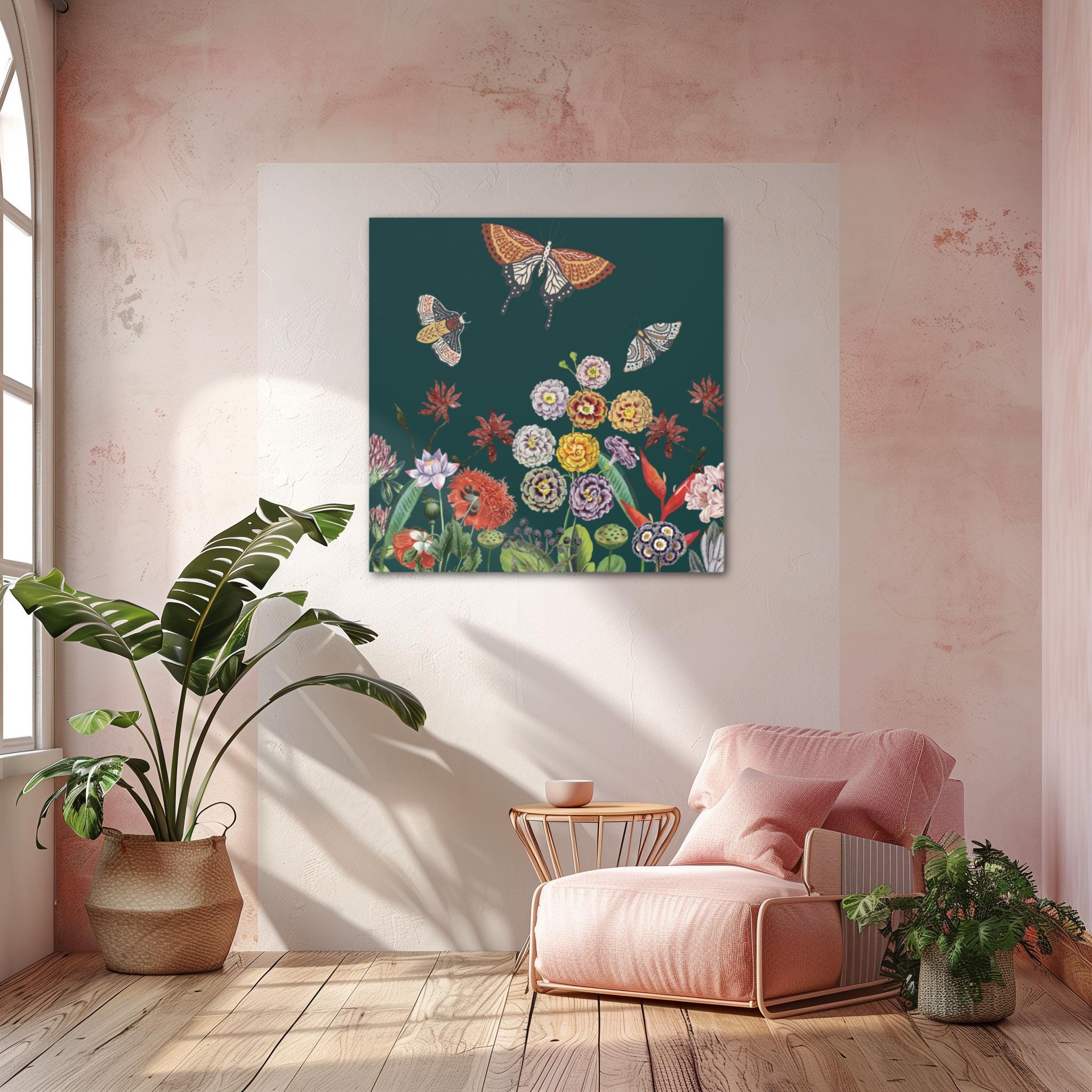 Teal Butterfly Garden Canvas Print, Wildflower Botanical Wall Art - Etsy