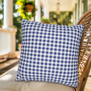 Puede incluir: Un coj&iacute;n de tiro de cuadros azules y blancos. El coj&iacute;n est&aacute; sentado en una silla de mimbre.