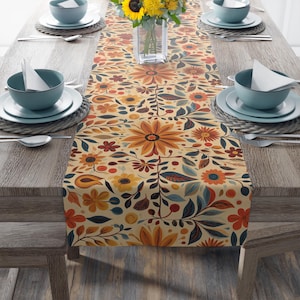 Camino de mesa floral bohemio otoñal con diseño botánico en 2 telas y 2 tamaños. Decoración de mesa otoñal. Bonita decoración floral.