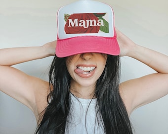 Retro Style Mama Trucker Hat - Red Rose, Boho Mom Style in 3 Colors